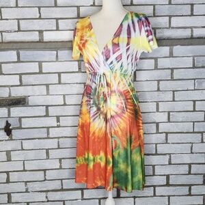 • Tiki Palm Women’s Short Sleeve V-Neck Tie Dye Summer Dress Sz Large Multicolor